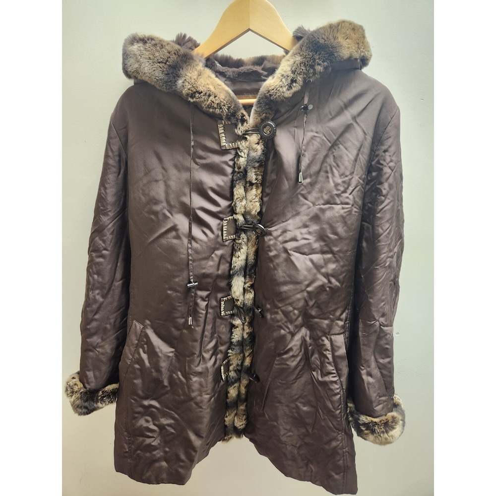 Sachi Collection Brown rabbit Fur‎ Trimmed Hooded Coat Size S silk linned